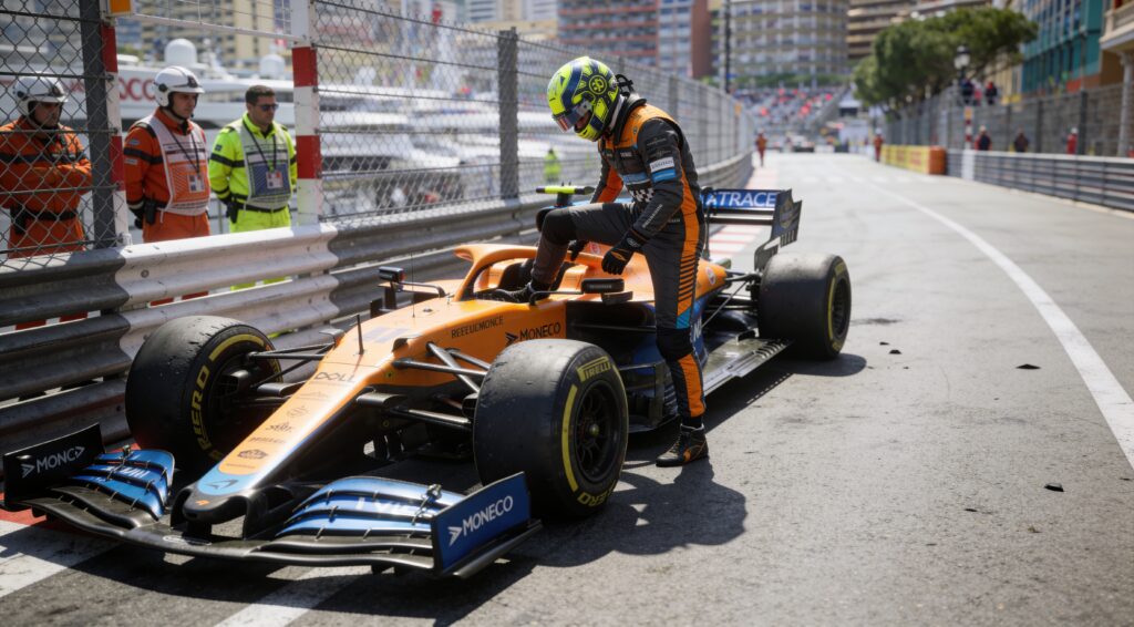 drama voor norris kampioen valt uit in monaco door