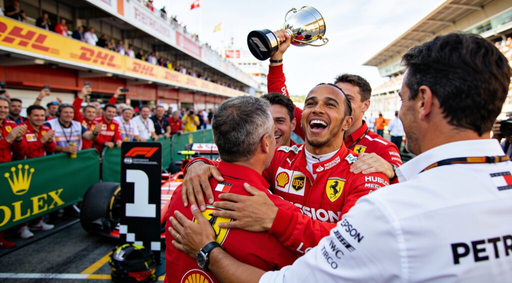 eerste ferrari zege hamilton leidt tot viraal huwe